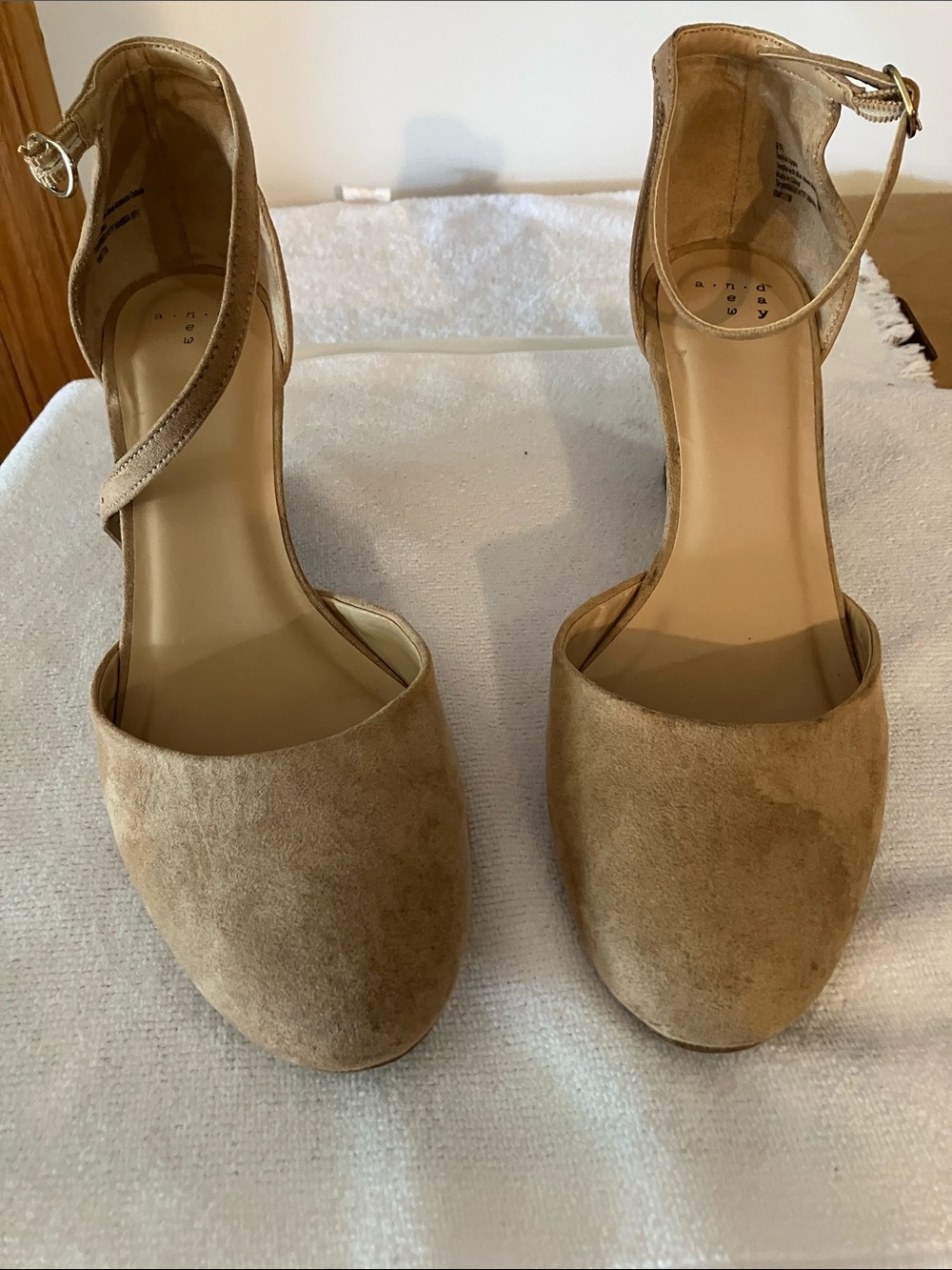 A New Day Women’s 9 1/2 Closed Toe Faux Tan Suede Wedge Pump w/slim Ankle Strap